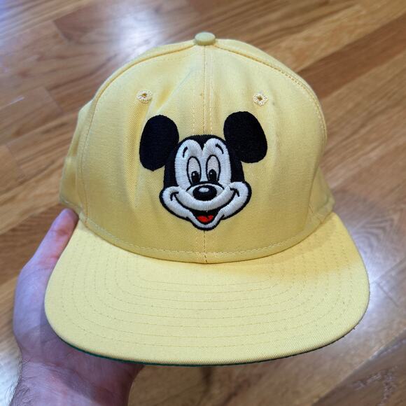 Vintage New Era Disney Mickey Mouse Snapback Hat Yellow Made in USA Flat Brim - Picture 1 of 5